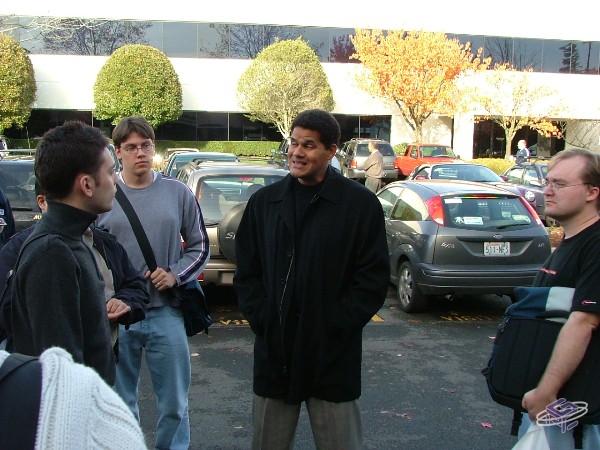 Reggie talks business in the NOA parking lot.